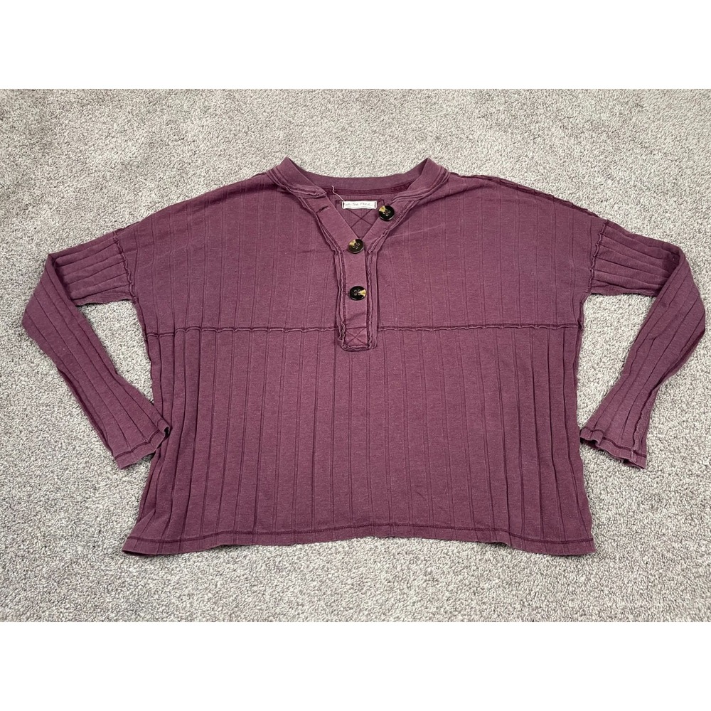 Free People Shirt Womens Large Purple V Neck Large Buttons Dolman Ribbed Slouchy